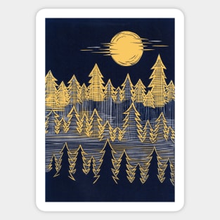 Misty, Moonlit Trees Linocut in Blue and Yellow Sticker